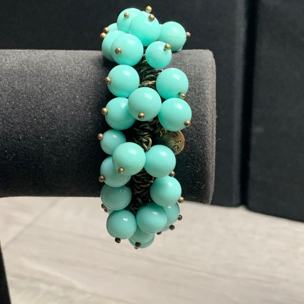 J.Crew Turquoise Blue Cluster Bead Stretch Bracelet Brass Tone Statement Jewelry